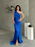 Draped One-Shoulder Satin Maxi Dress - Saxe Blue