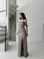 Sequined Off-Shoulder Slit Maxi Dress - Grey