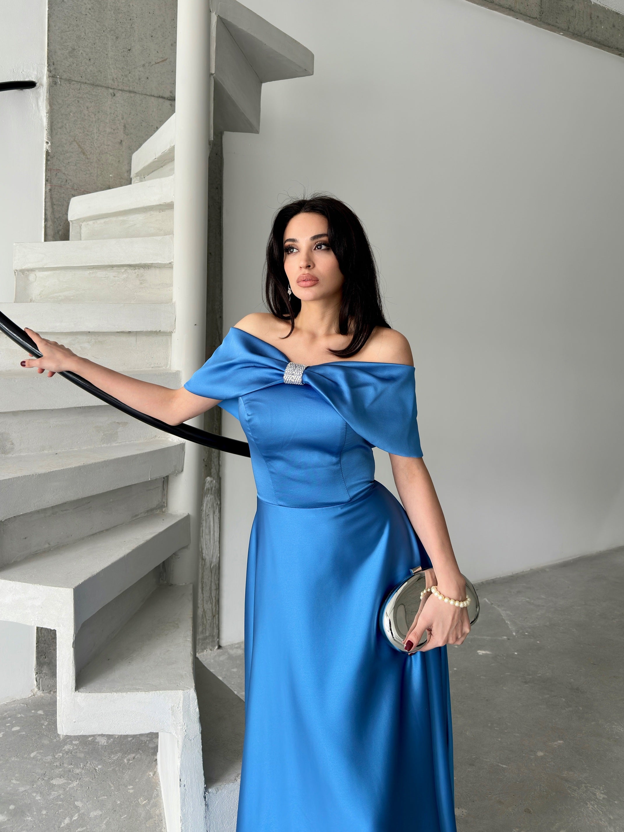 Bow Detail Off-Shoulder Satin Maxi Dress - Blue