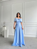 Off-Shoulder Bow Structured Satin Maxi Dress - Baby Blue