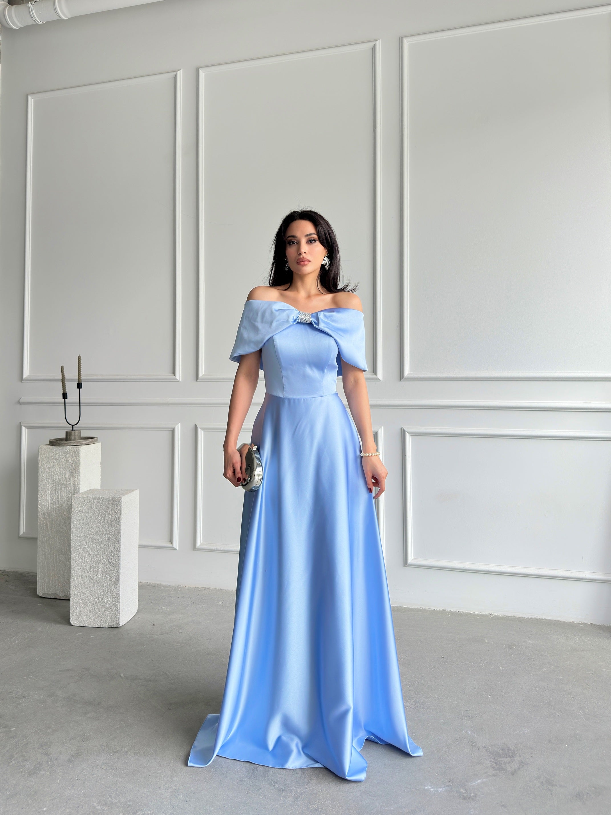 Off-Shoulder Bow Structured Satin Maxi Dress - Baby Blue