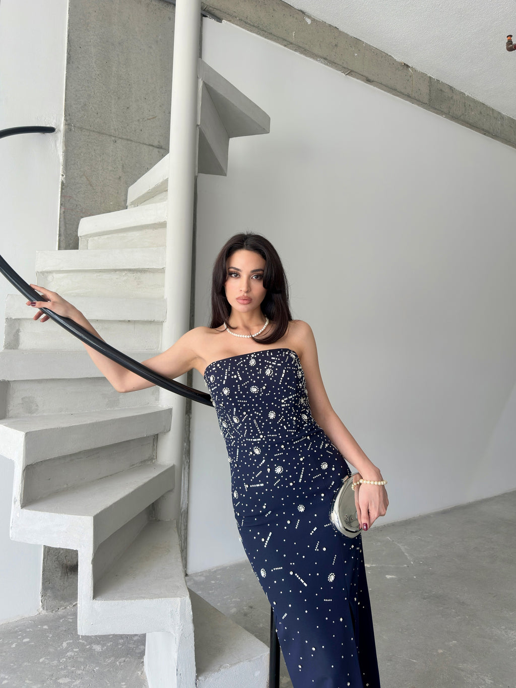 Embroidered Strapless Slit Maxi Dress - Navy