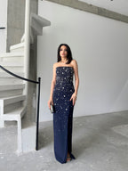 Embroidered Strapless Slit Maxi Dress - Navy