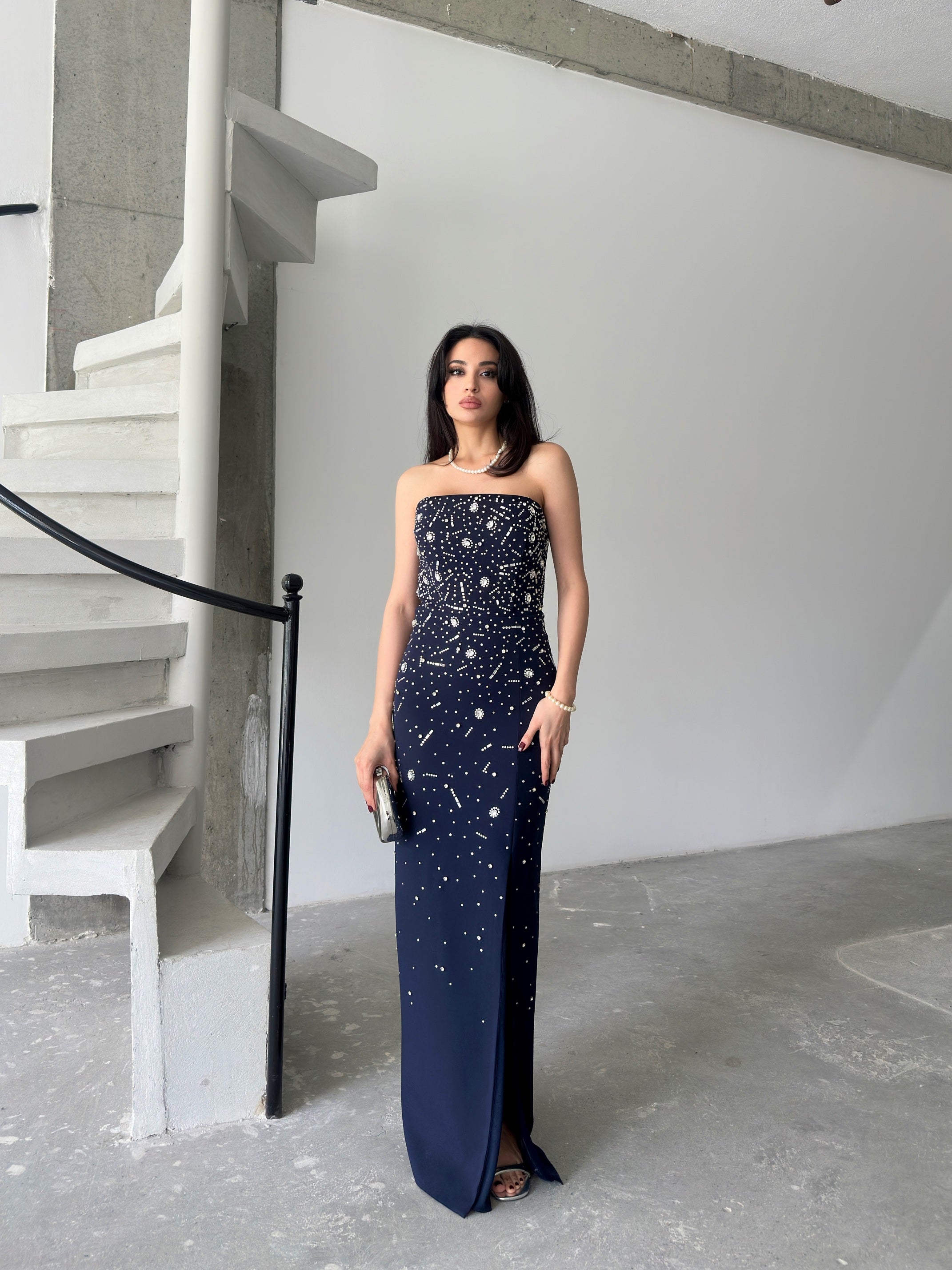 Embroidered Strapless Slit Maxi Dress - Navy