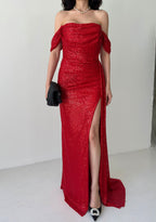 Sequined Off-Shoulder Slit Maxi Dress - Red