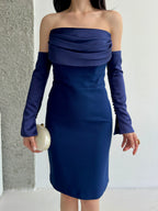 Detachable Sleeve Satin Midi Dress - Navy - Mirelline Store