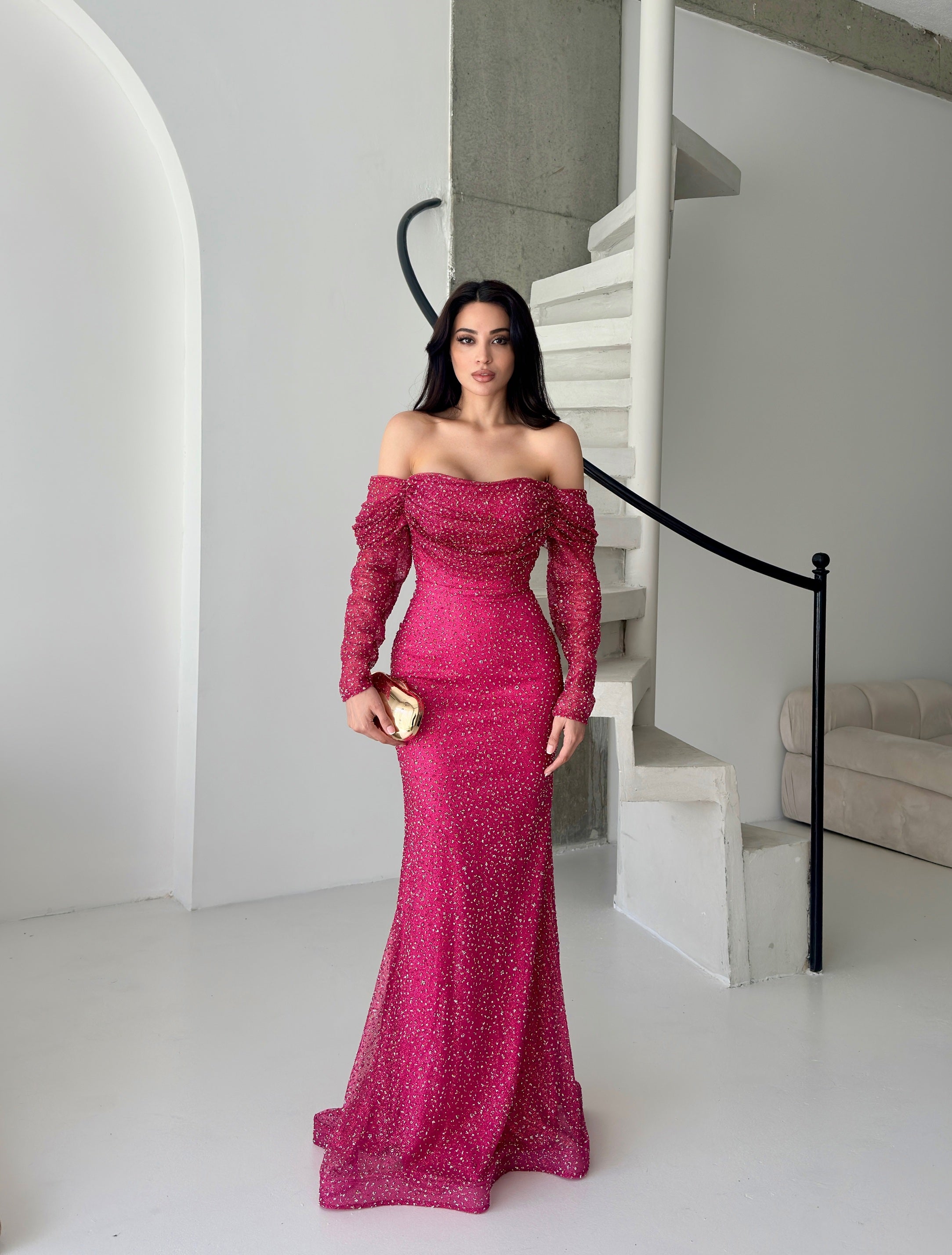 Beaded Off-Shoulder Long Sleeve Maxi Dress - Fuchsia