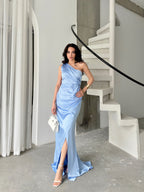 Draped One-Shoulder Satin Maxi Dress - Baby Blue