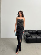 Embroidered Strapless Slit Maxi Dress - Black
