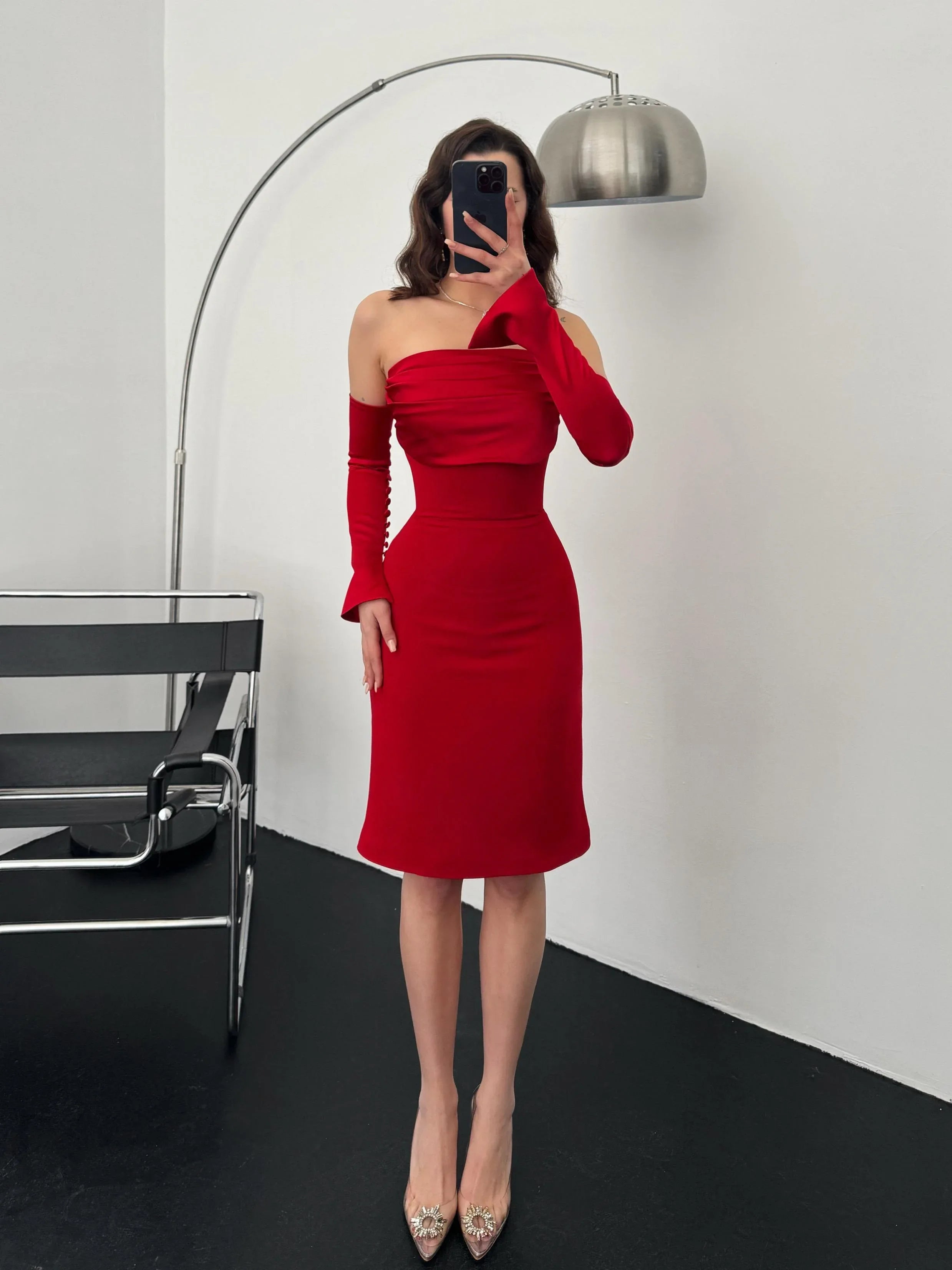 Detachable Sleeve Satin Midi Dress - Red - Mirelline Store