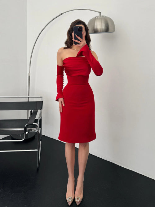 Detachable Sleeve Satin Midi Dress - Red - Mirelline Store