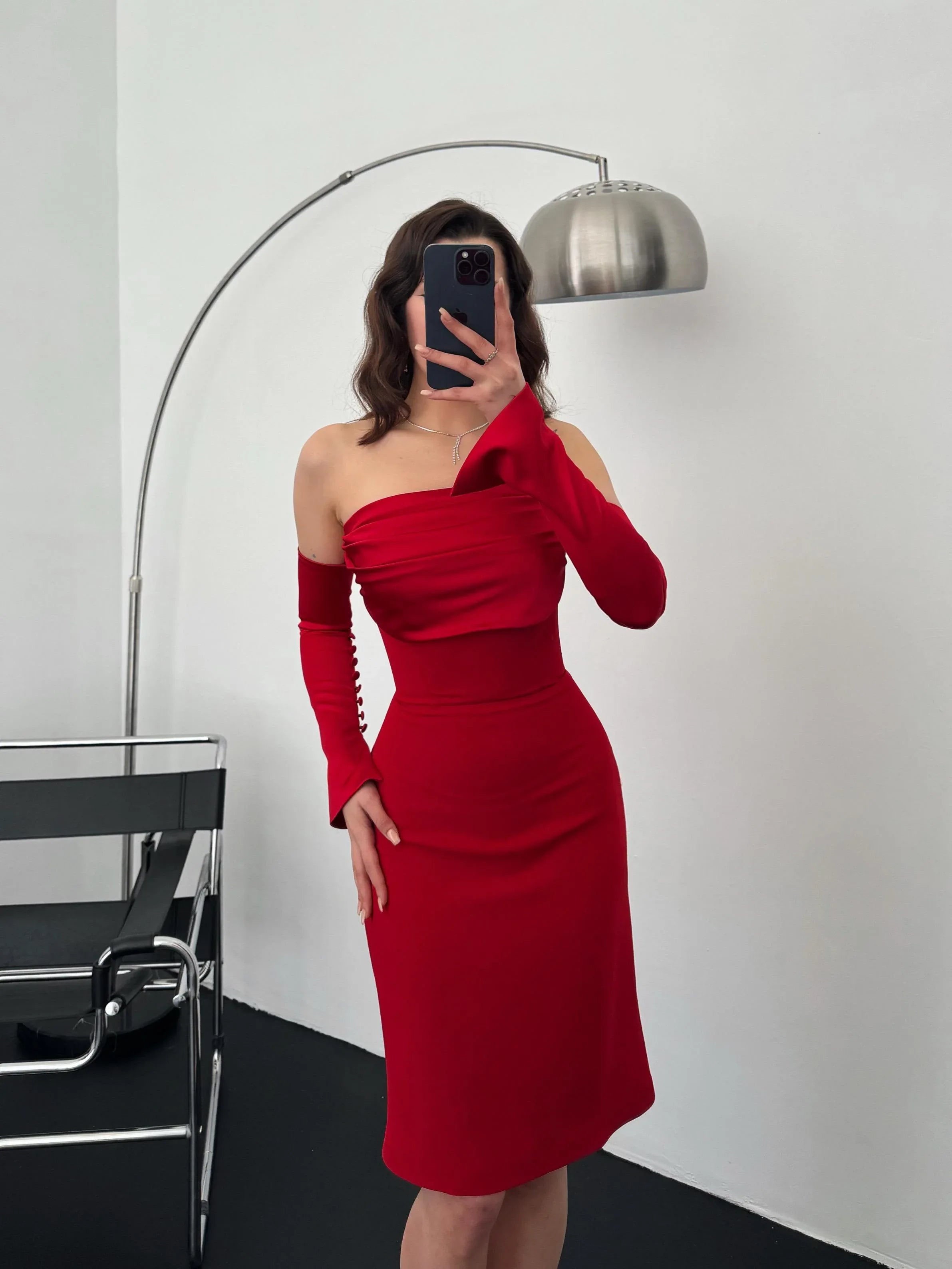Detachable Sleeve Satin Midi Dress - Red - Mirelline Store