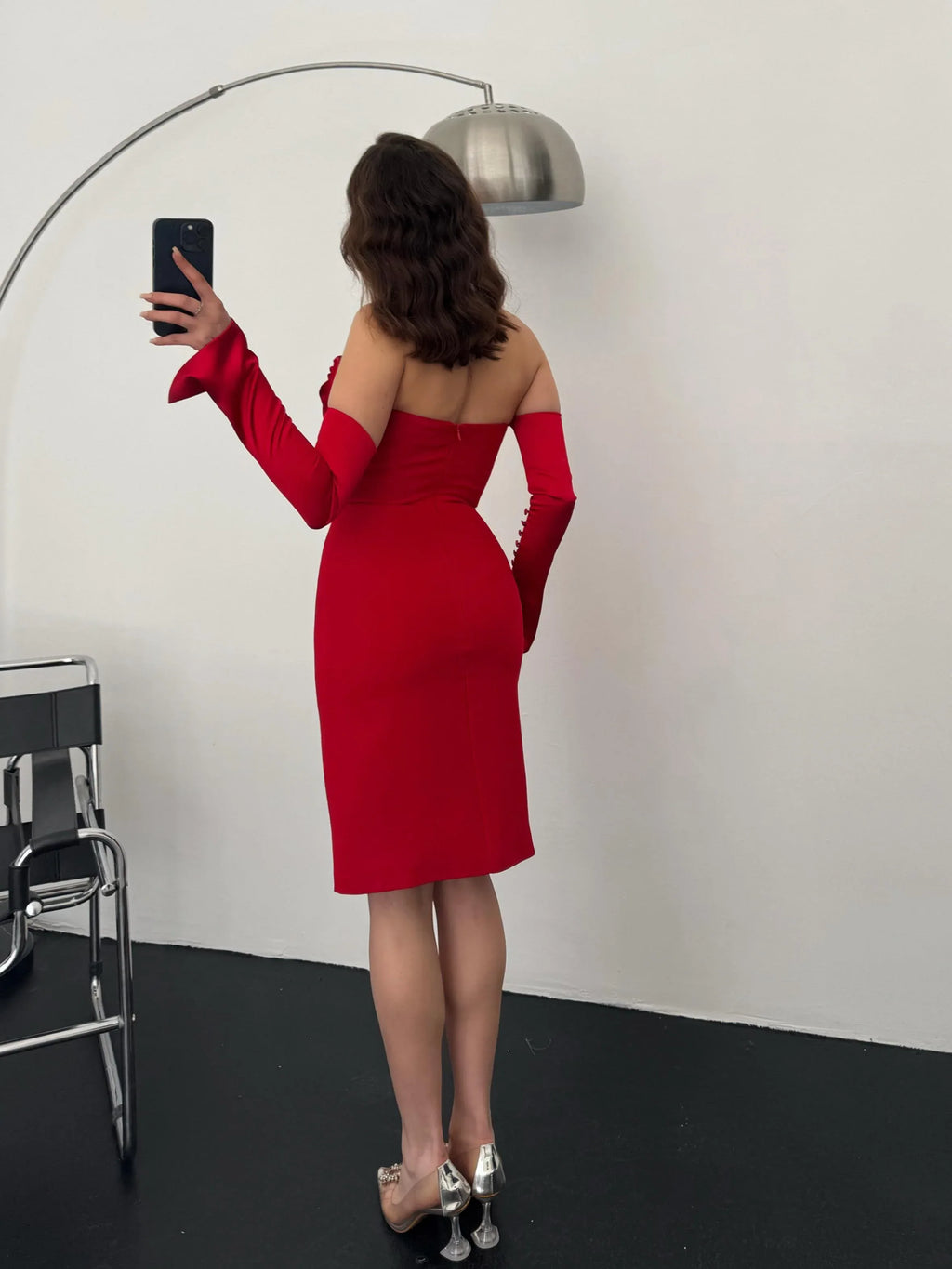 Detachable Sleeve Satin Midi Dress - Red - Mirelline Store