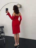 Detachable Sleeve Satin Midi Dress - Red - Mirelline Store