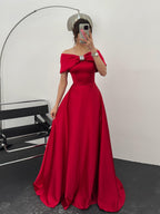 Off-Shoulder Bow Structured Satin Maxi Dress - Red