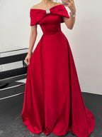 Off-Shoulder Bow Structured Satin Maxi Dress - Red