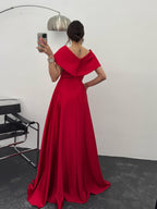 Off-Shoulder Bow Structured Satin Maxi Dress - Red