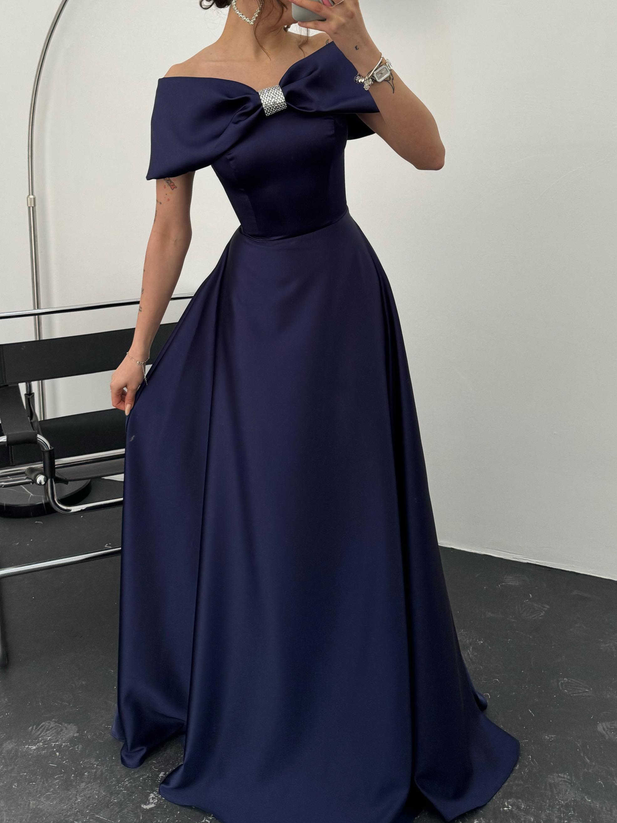 Off-Shoulder Bow Structured Satin Maxi Dress - Navy Blue