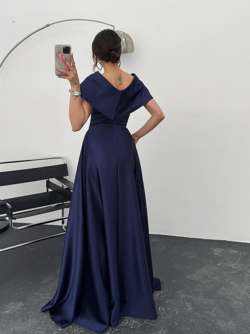 Off-Shoulder Bow Structured Satin Maxi Dress - Navy Blue