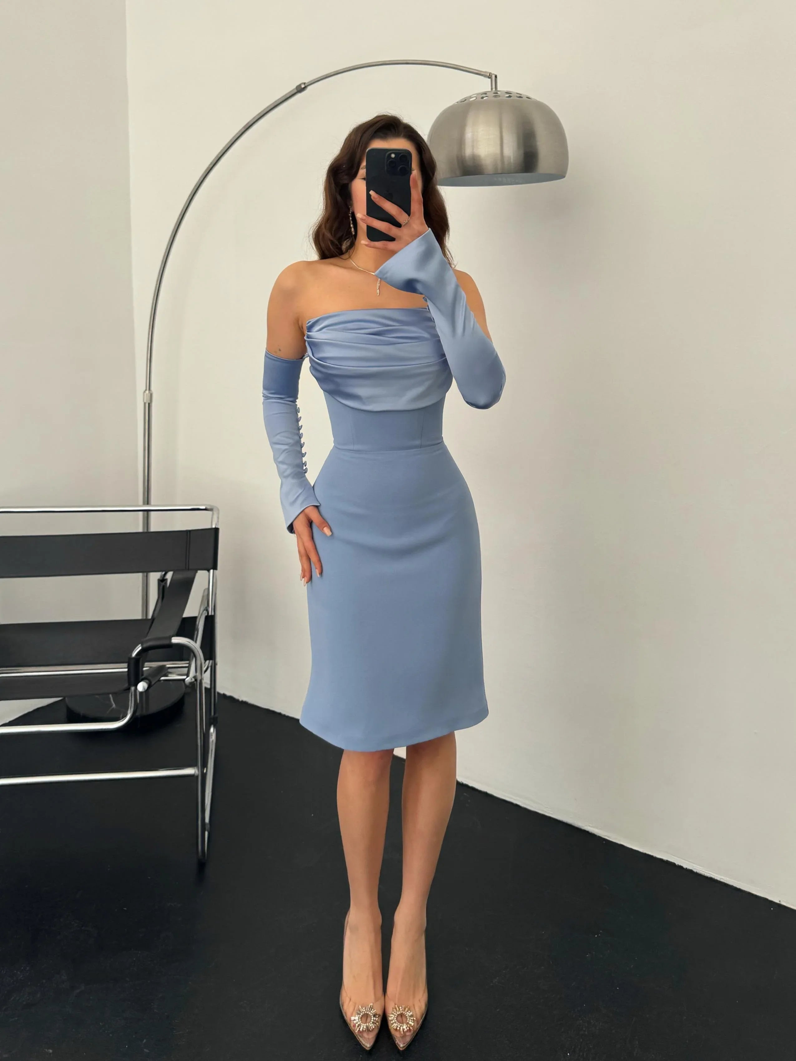 Detachable Sleeve Satin Midi Dress - Baby Blue - Mirelline Store