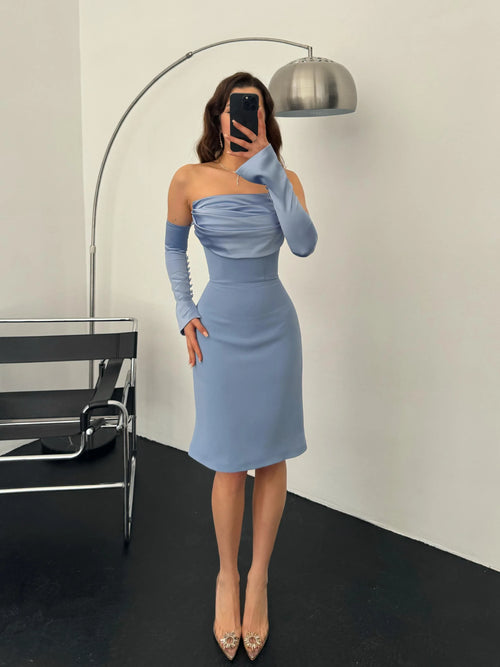 Detachable Sleeve Satin Midi Dress - Baby Blue - Mirelline Store