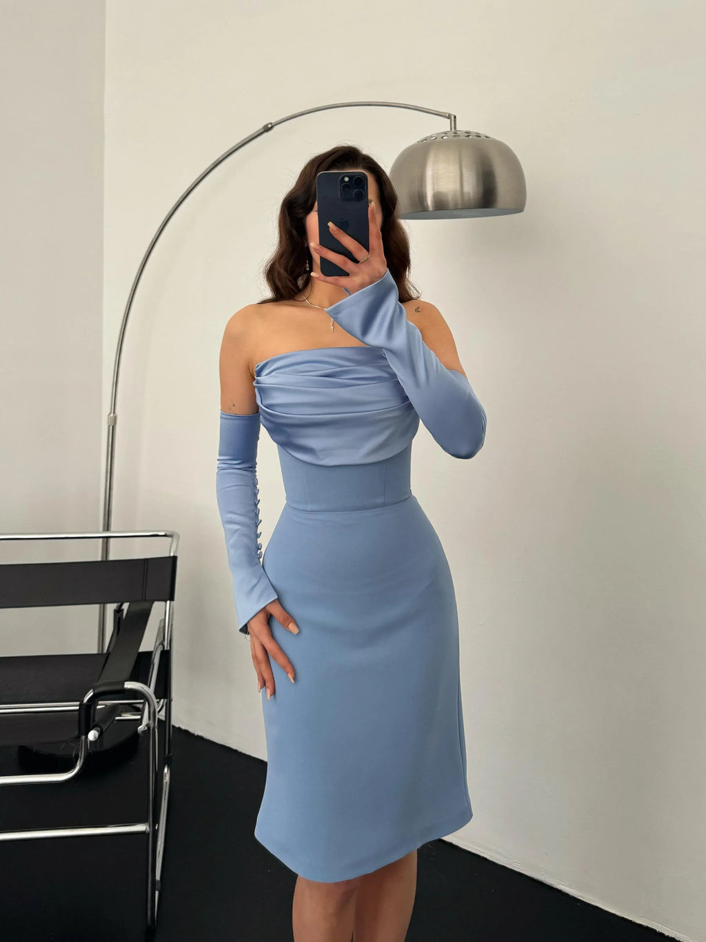 Detachable Sleeve Satin Midi Dress - Baby Blue - Mirelline Store