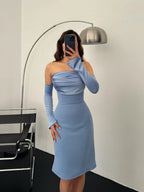 Detachable Sleeve Satin Midi Dress - Baby Blue - Mirelline Store