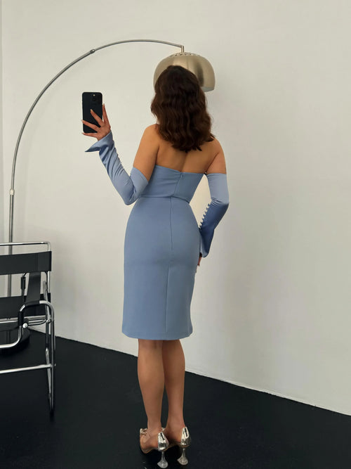 Detachable Sleeve Satin Midi Dress - Baby Blue - Mirelline Store