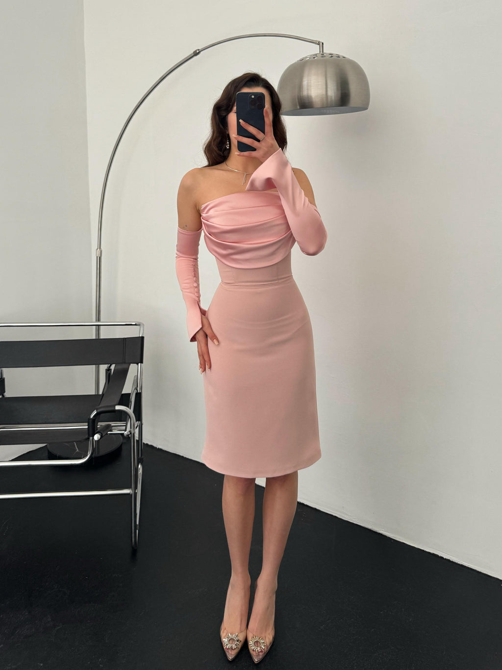 Detachable Sleeve Satin Midi Dress - Powder Pink