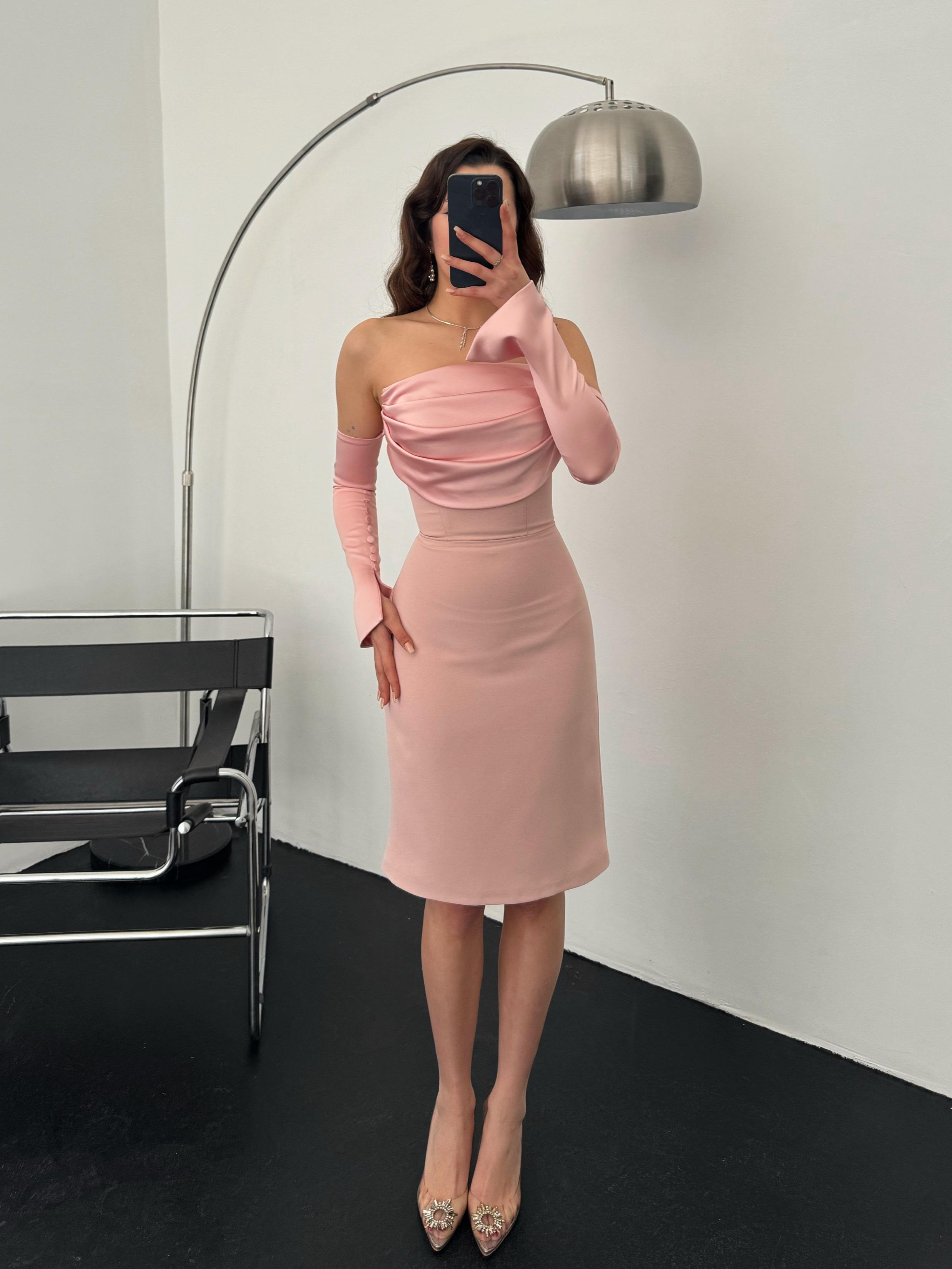 Detachable Sleeve Satin Midi Dress - Powder Pink