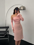 Detachable Sleeve Satin Midi Dress - Powder Pink