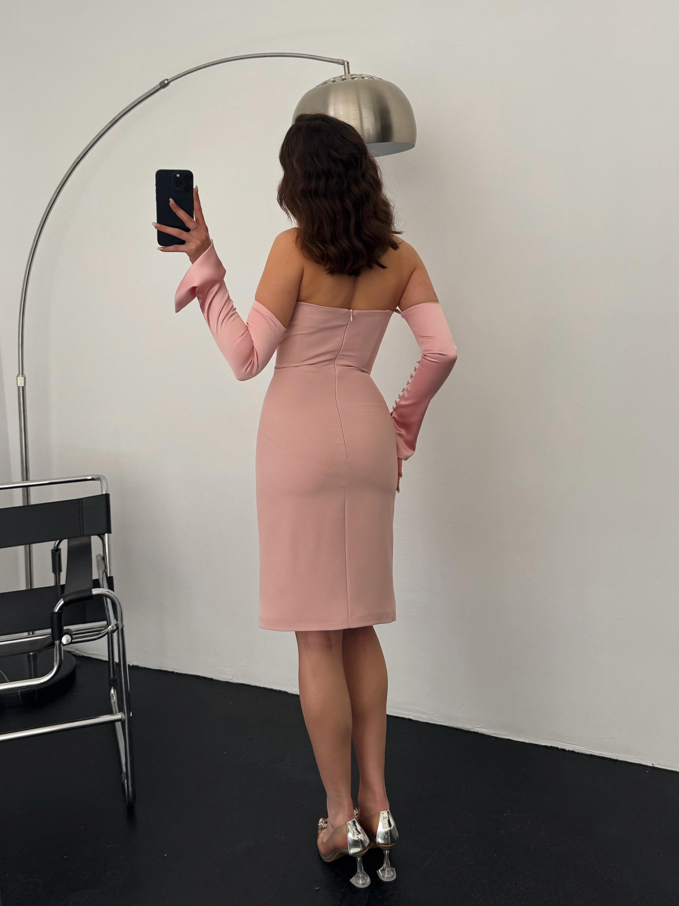 Detachable Sleeve Satin Midi Dress - Powder Pink