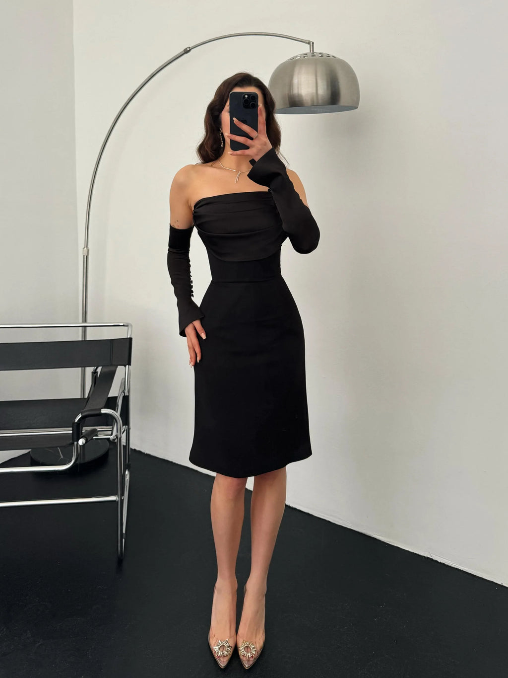 Detachable Sleeve Satin Midi Dress - Black - Mirelline Store