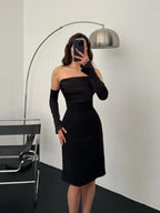 Detachable Sleeve Satin Midi Dress - Black - Mirelline Store