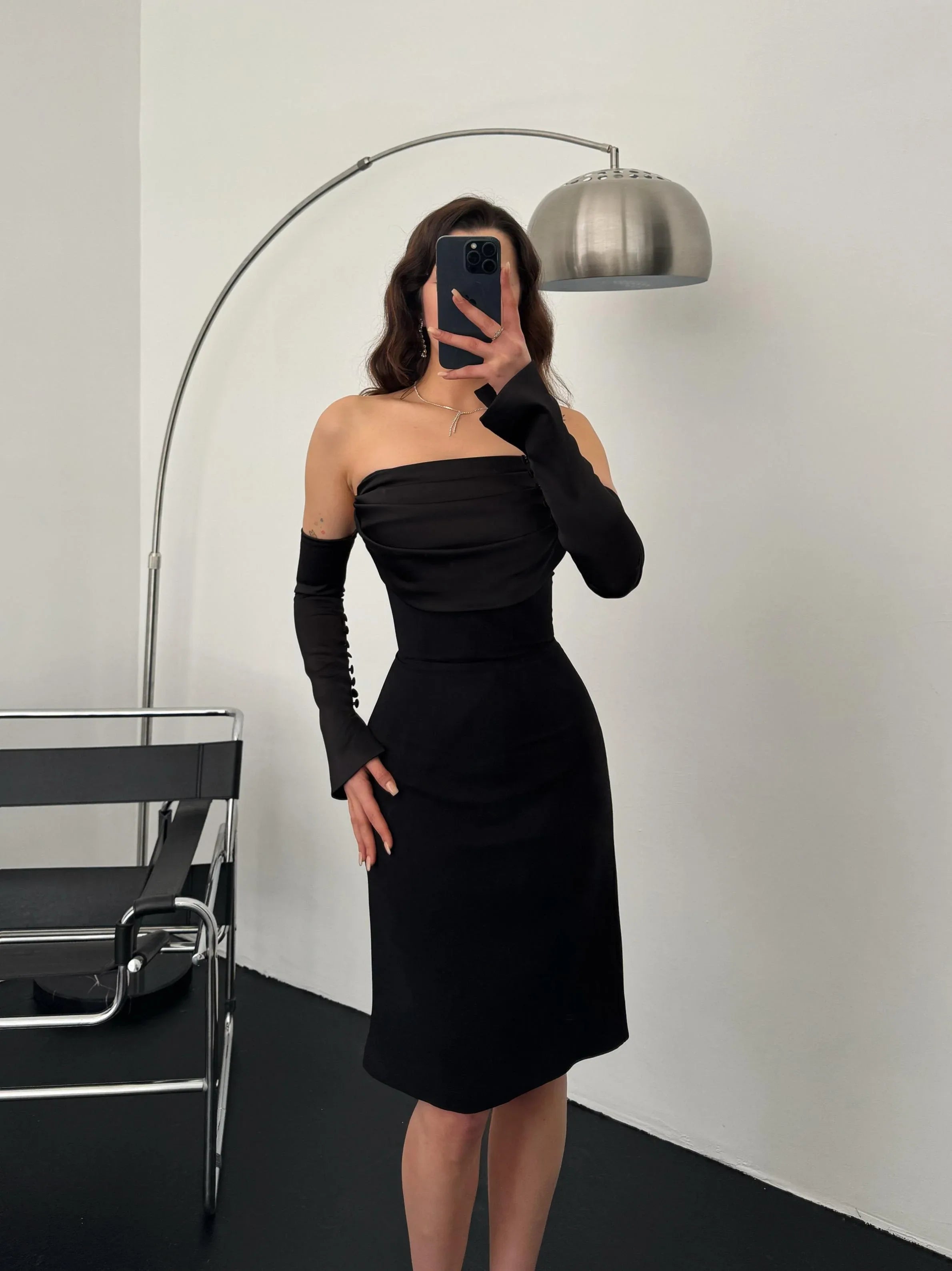 Detachable Sleeve Satin Midi Dress - Black - Mirelline Store