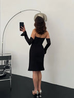 Detachable Sleeve Satin Midi Dress - Black - Mirelline Store