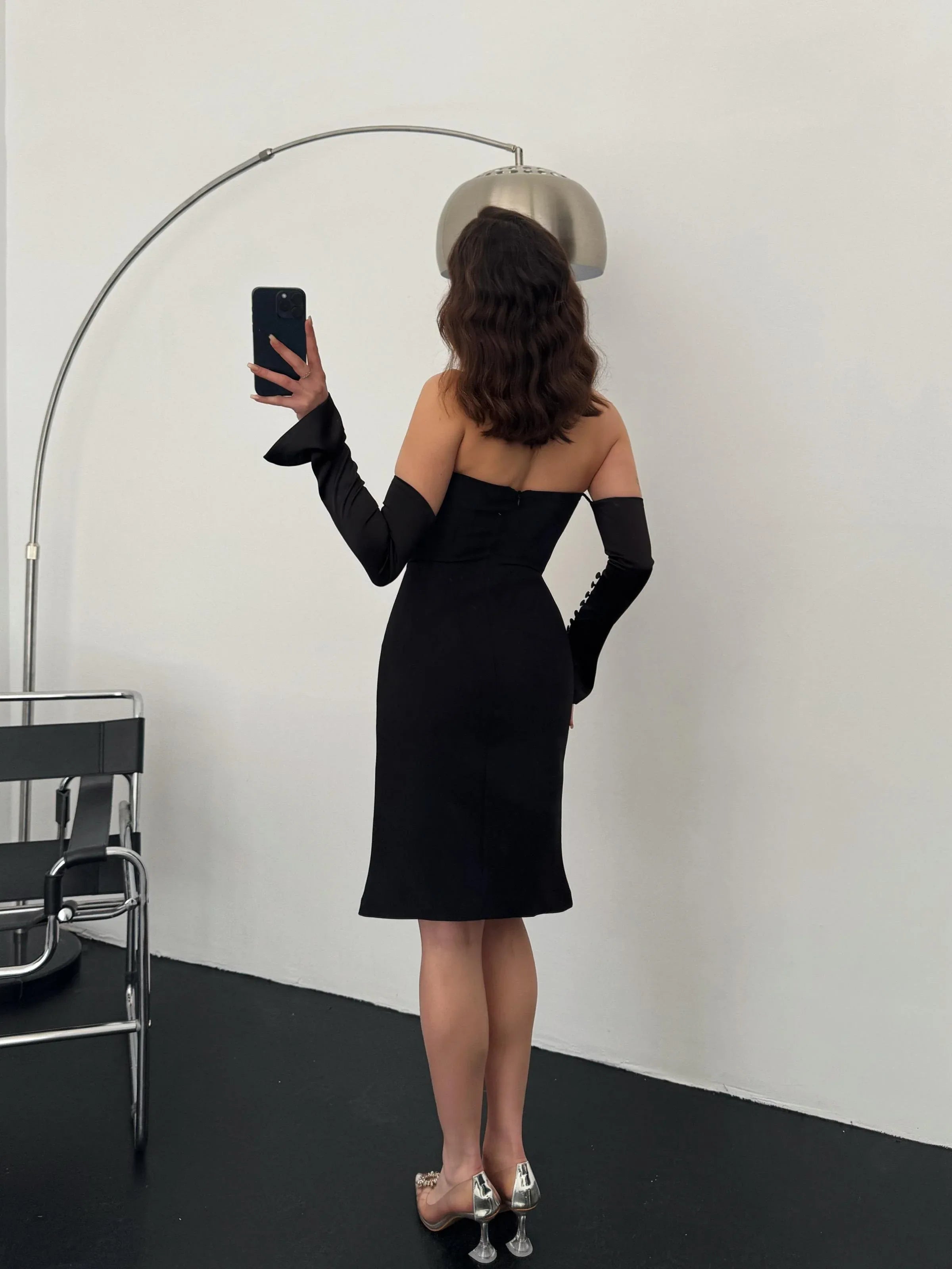 Detachable Sleeve Satin Midi Dress - Black - Mirelline Store