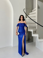 Sequined Off-Shoulder Slit Maxi Dress - Royal Blue
