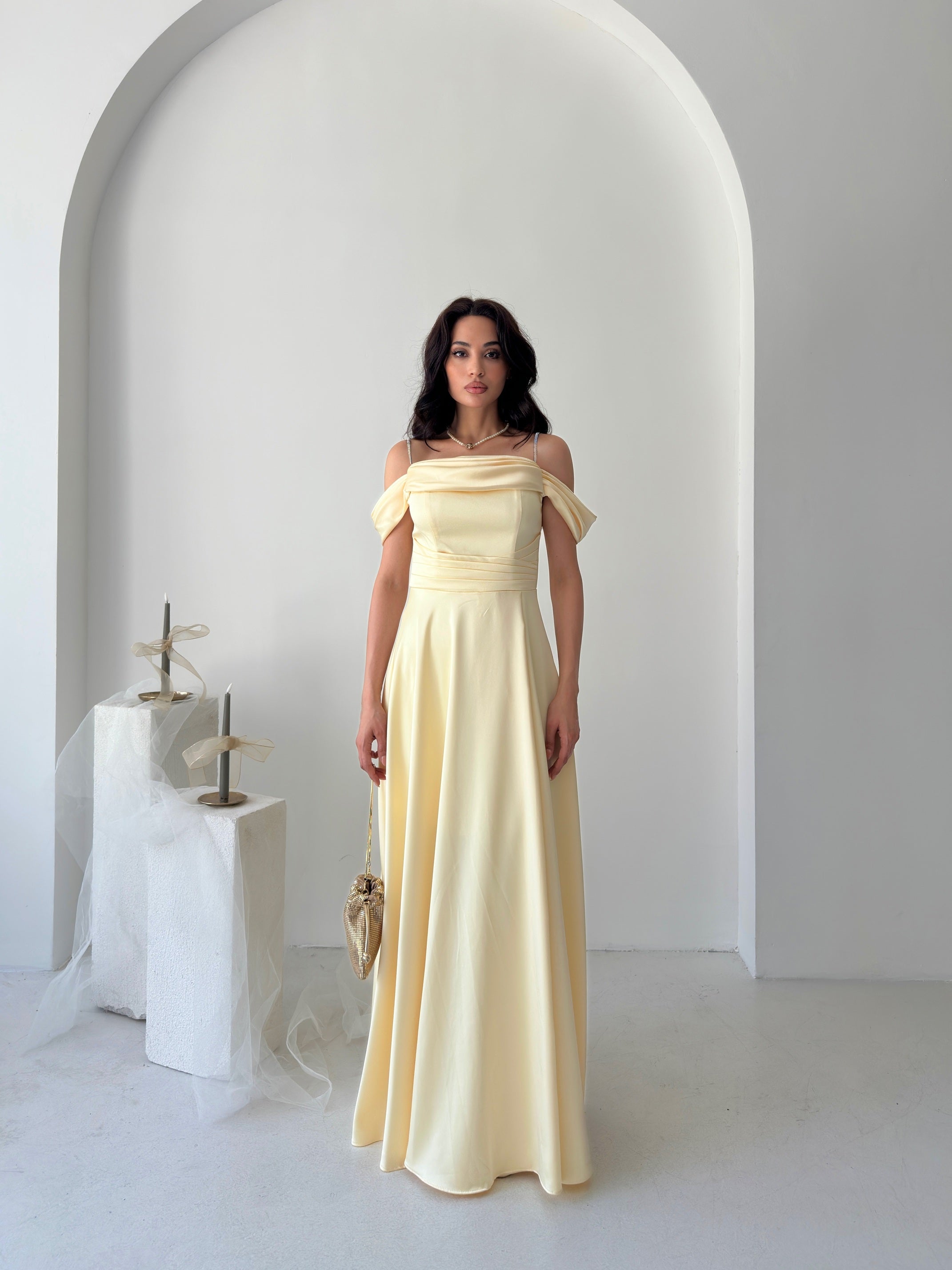 Rhinestone Strap Off-Shoulder Satin Maxi Dress - Yellow