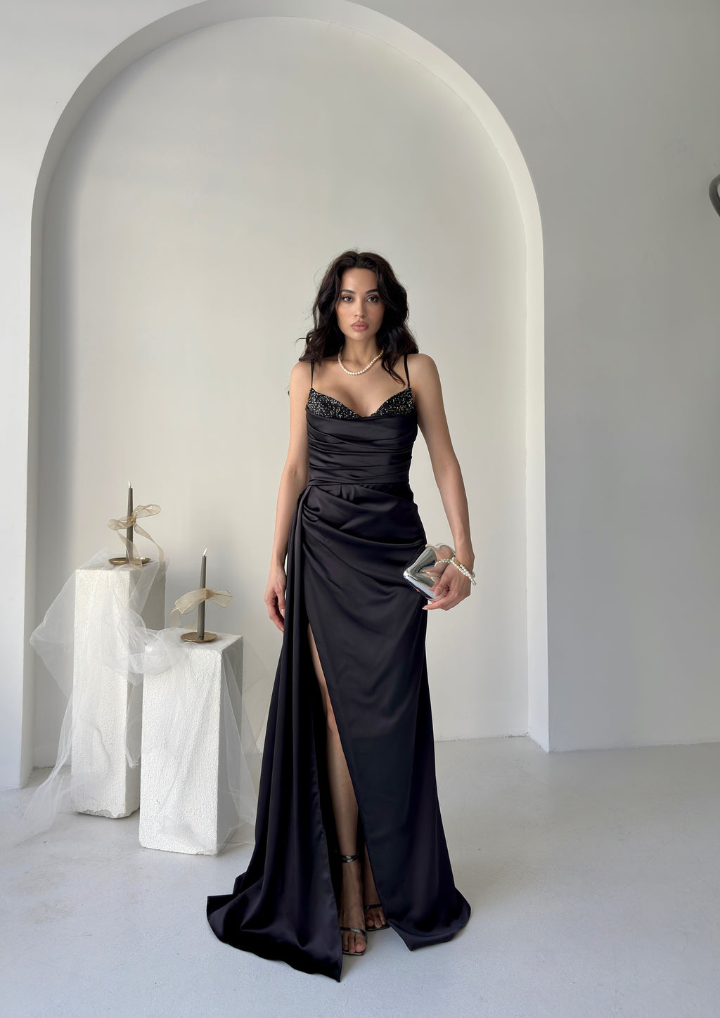 Embellished Cowl Neck Satin Maxi Dress - Black
