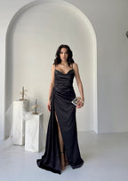 Embellished Cowl Neck Satin Maxi Dress - Black