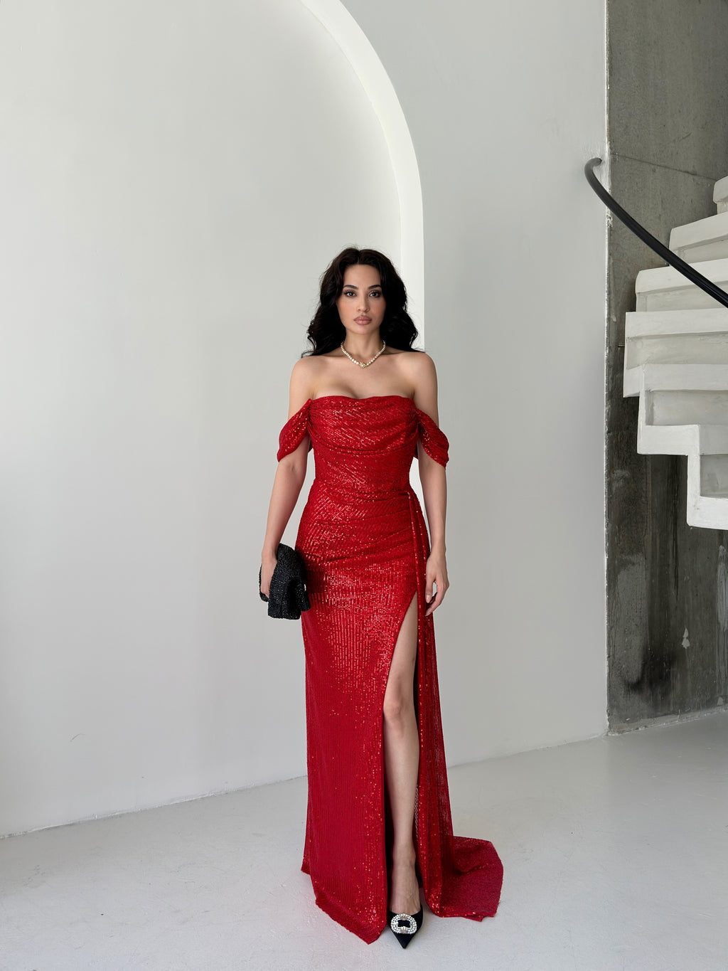 Sequined Off-Shoulder Slit Maxi Dress - Red