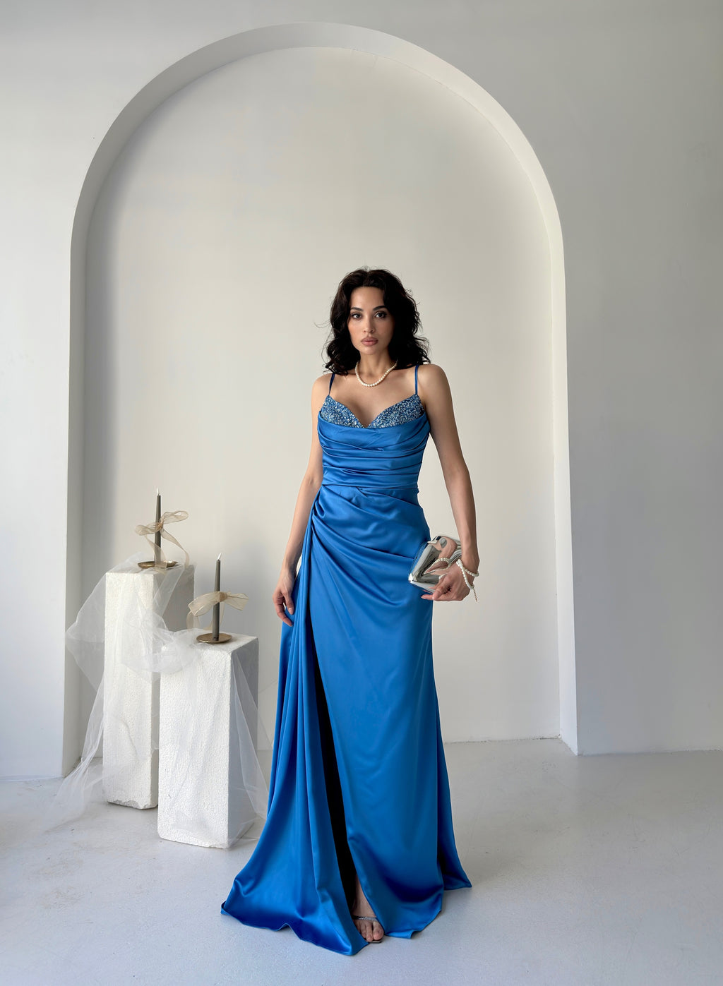 Embellished Cowl Neck Satin Maxi Dress - Blue