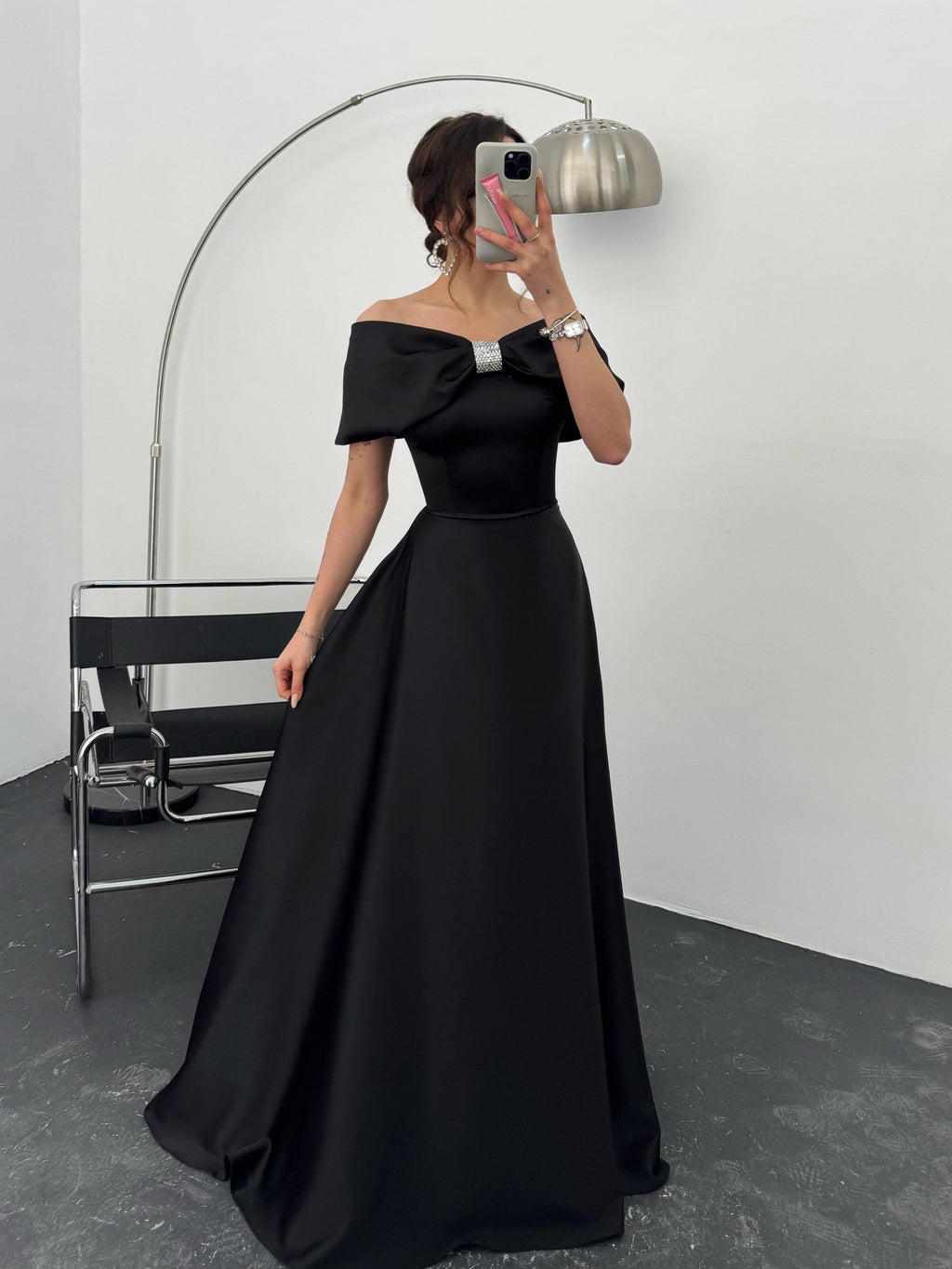 Off-Shoulder Bow Structured Satin Maxi Dress - Black