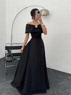 Off-Shoulder Bow Structured Satin Maxi Dress - Black
