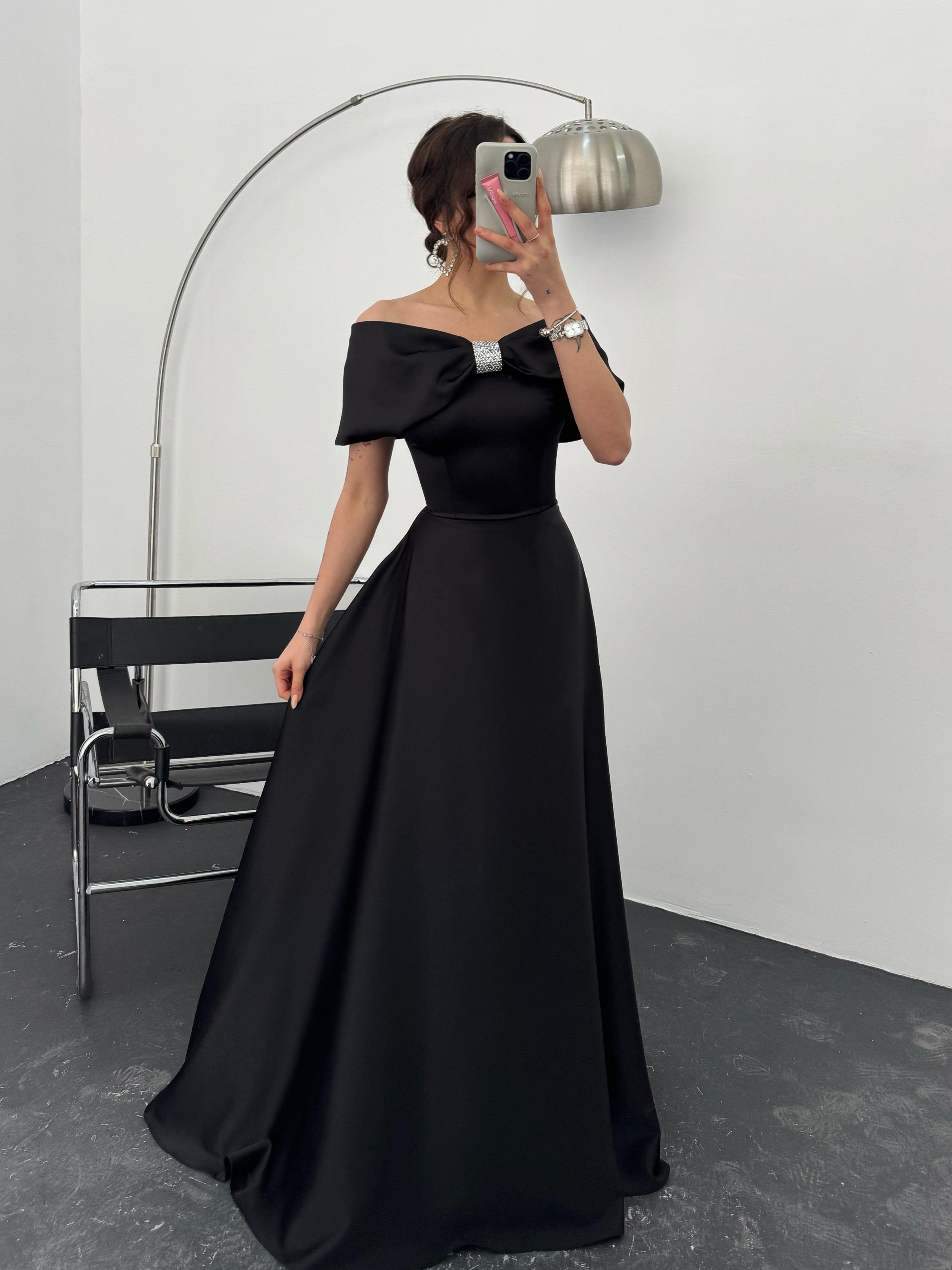 Off-Shoulder Bow Structured Satin Maxi Dress - Black
