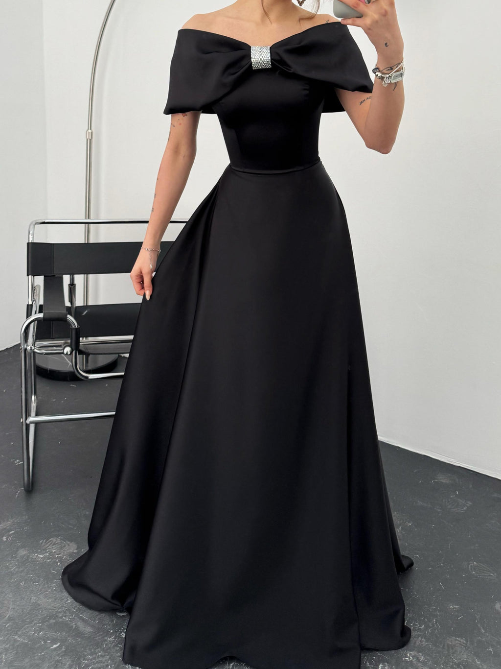 Off-Shoulder Bow Structured Satin Maxi Dress - Black