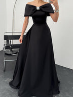 Off-Shoulder Bow Structured Satin Maxi Dress - Black