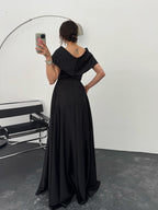 Off-Shoulder Bow Structured Satin Maxi Dress - Black