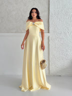 Off-Shoulder Bow Structured Satin Maxi Dress - Pale Yellow